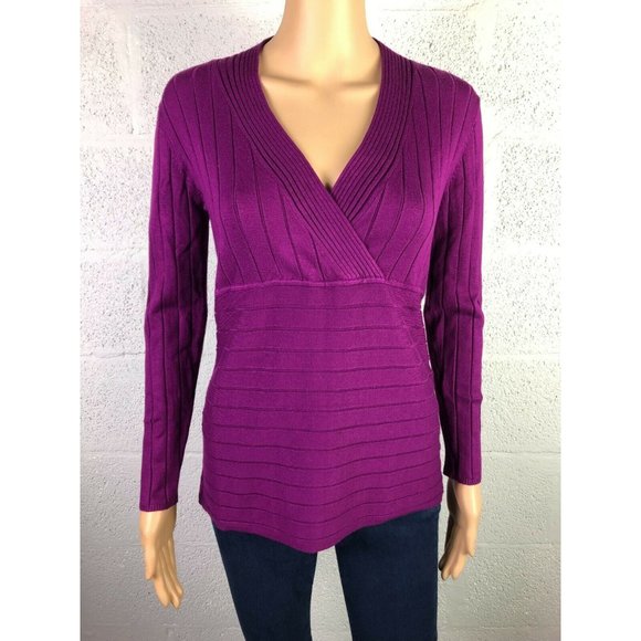 Style & Co Purple Long Sleeve Ribbed Top Knit V-Neck Wrapped Front Size S - Picture 2 of 7